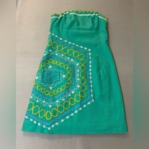 Lilly Pulitzer Dress A Line Size 2 Strapless Aqua Embroidered Zipper Back